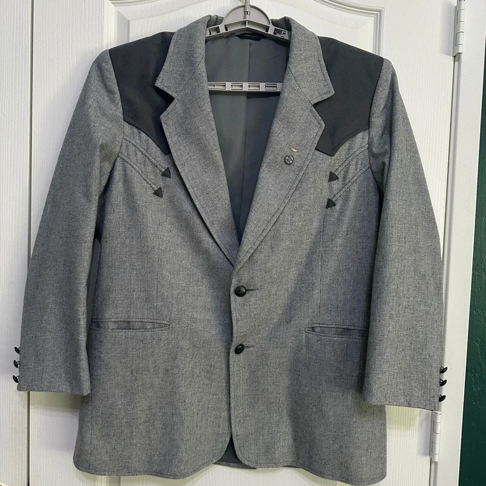 VTG Pioneer Wear Mens 42 Western Blazer Sport Coat Grey Wool Blend Yoke USA Made